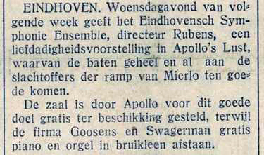 Aankondiging concert Eindhovens Symphonie Ensemble in zaal Apollo te Eindhoven. liefdadigheidsconcert Eindhoven